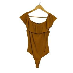 Kendall & Kylie Gold Sleeveless Ruffle Neck Bodysuit, Large